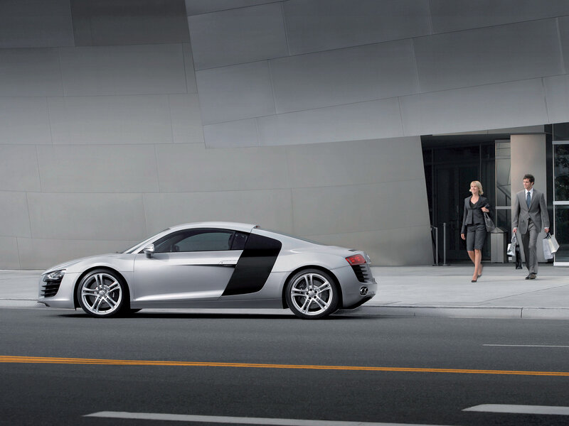 Silver Audi R8 on city street