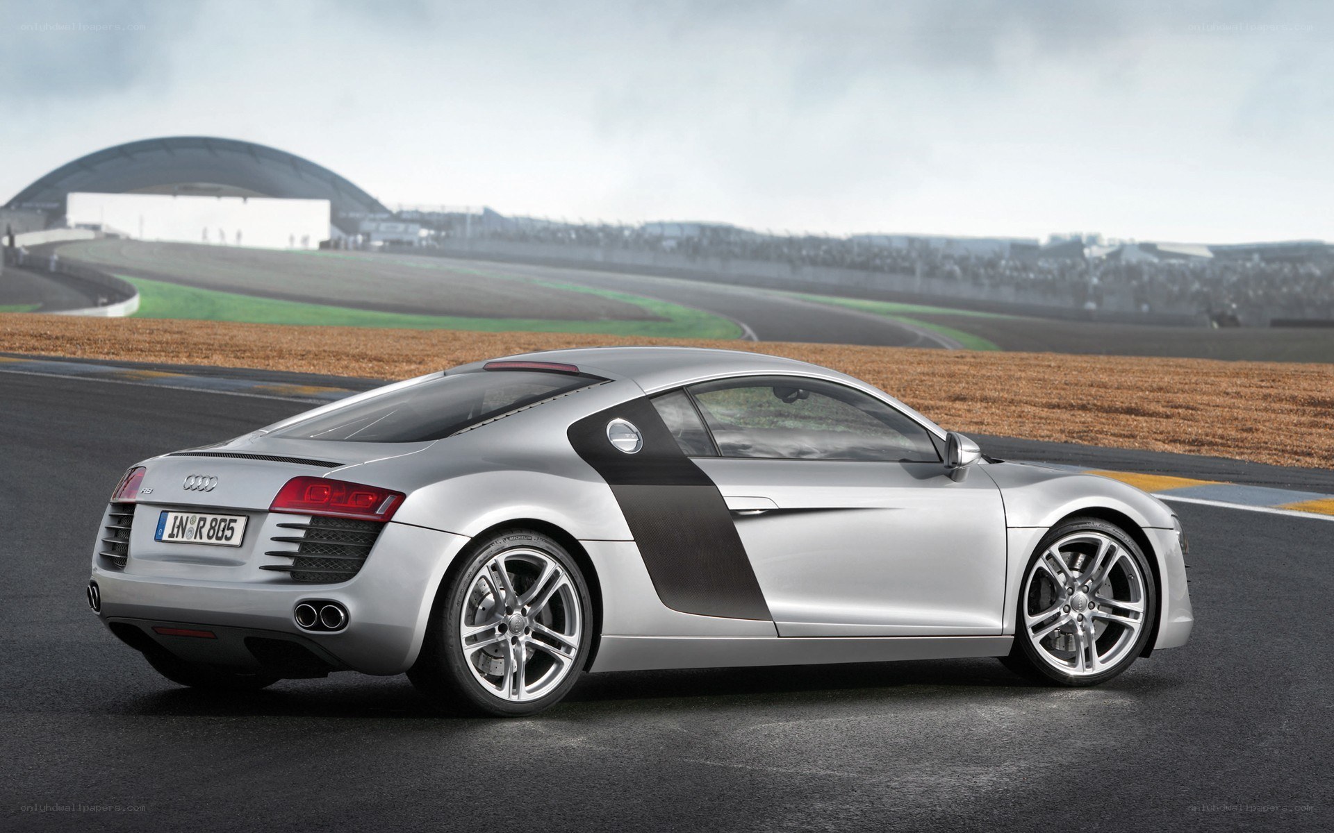 Silver Audi R8 on racetrack