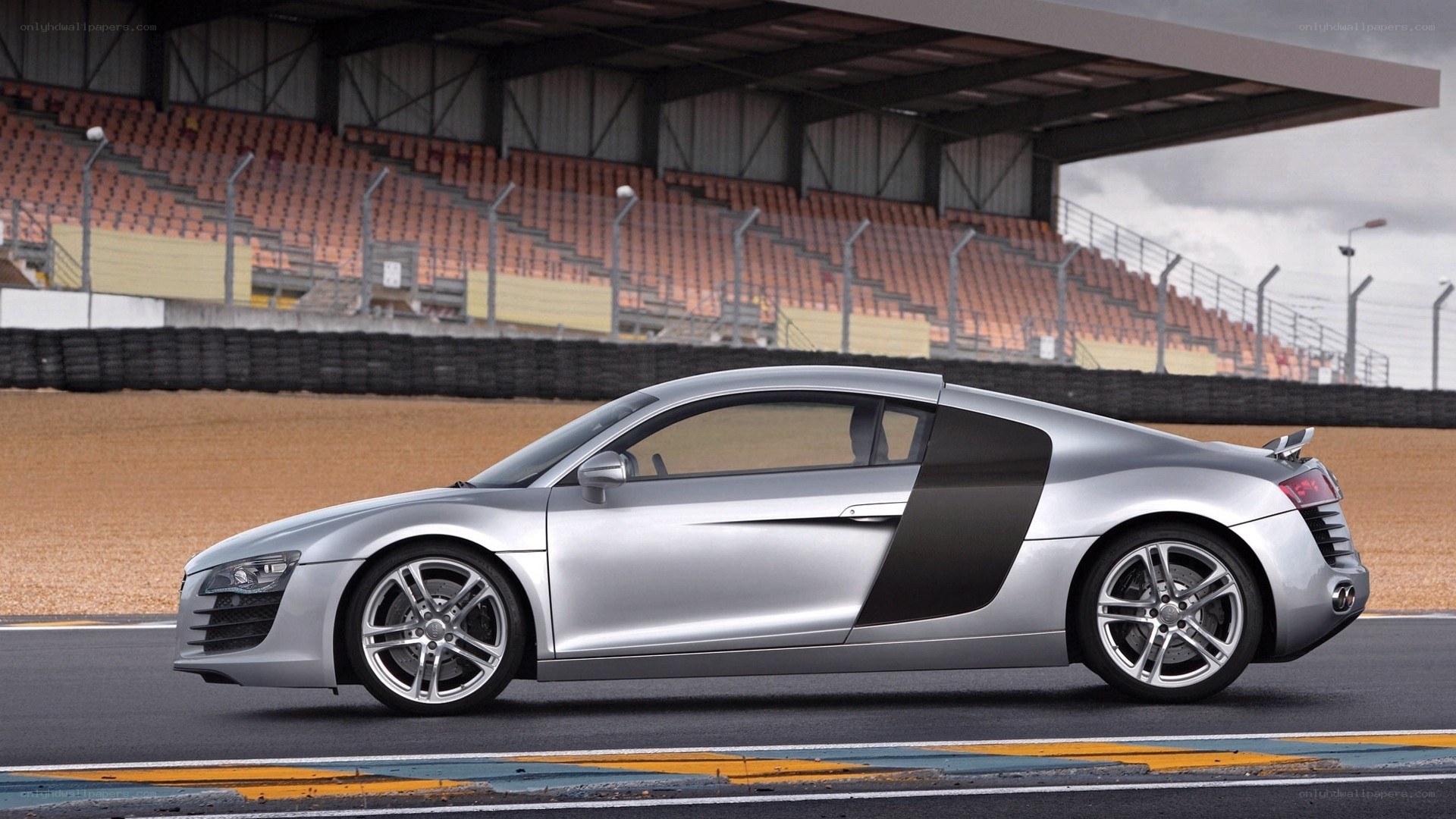 Silver Audi R8 on racetrack