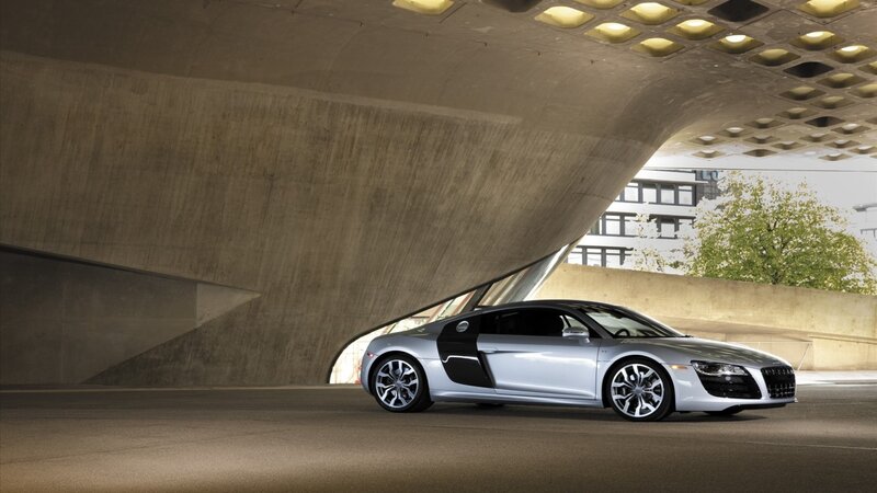 Silver Audi R8 Sports Car — Dramatic, Afternoon, Photograph, Concrete Structure