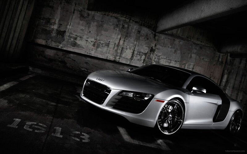 Silver Audi R8 Sports Car — Dramatic, Night, Photograph, Concrete Wall, Parking Garage