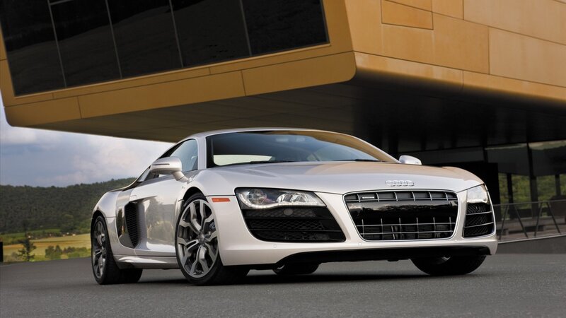 Silver Audi R8 Sports Car — White, Dramatic, Afternoon, Photograph, Modern Building
