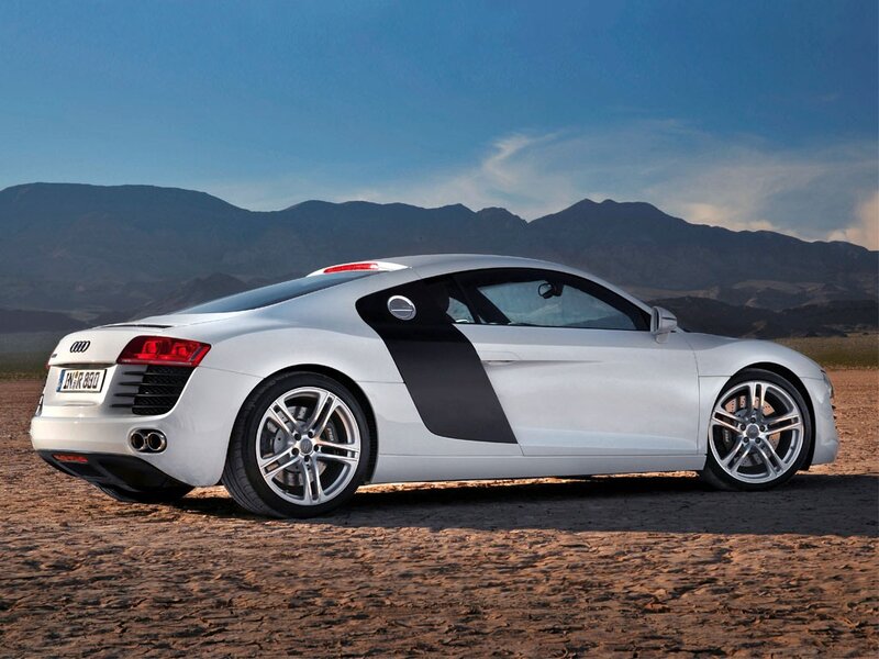 Silver Audi R8 Sports Car — White, Dramatic, Afternoon, Photograph, Mountains