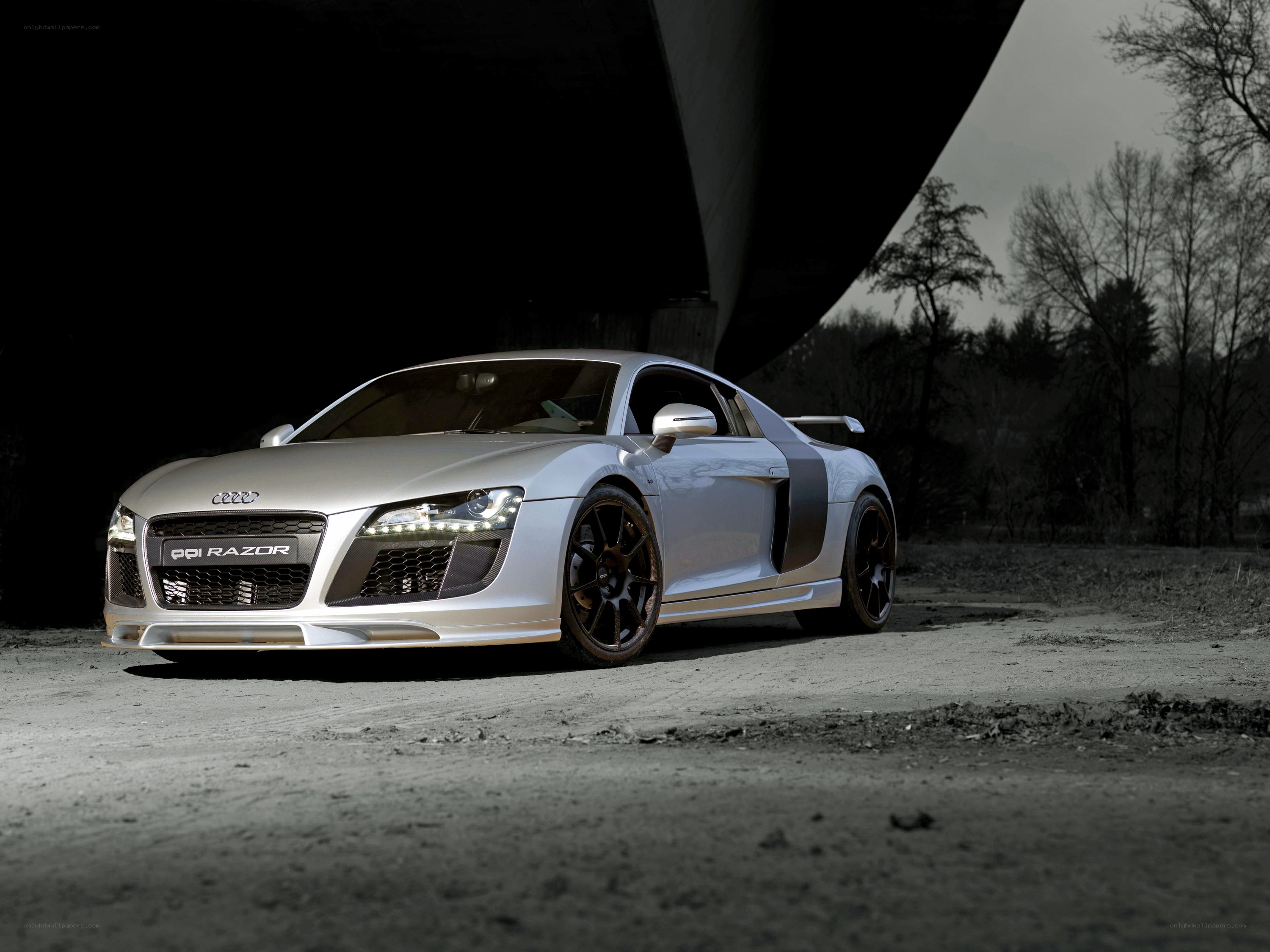 Silver Audi R8 under bridge