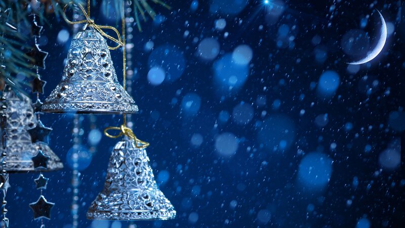 Silver Bells on Tree — Blue, Festive, Night, Photograph