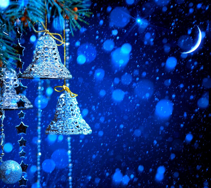 Silver Bells on Tree — Blue, Festive, Night