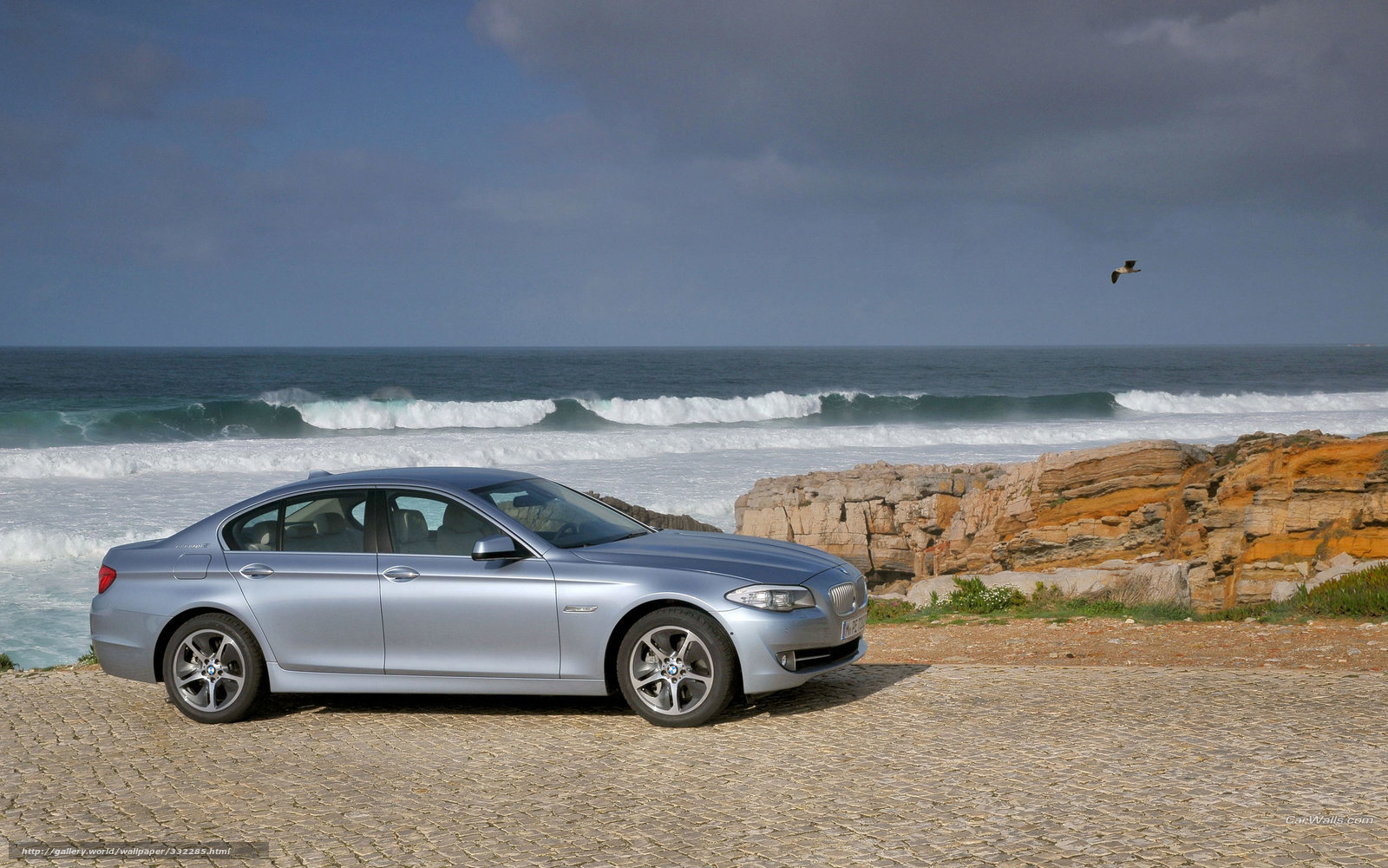 Silver BMW by the ocean