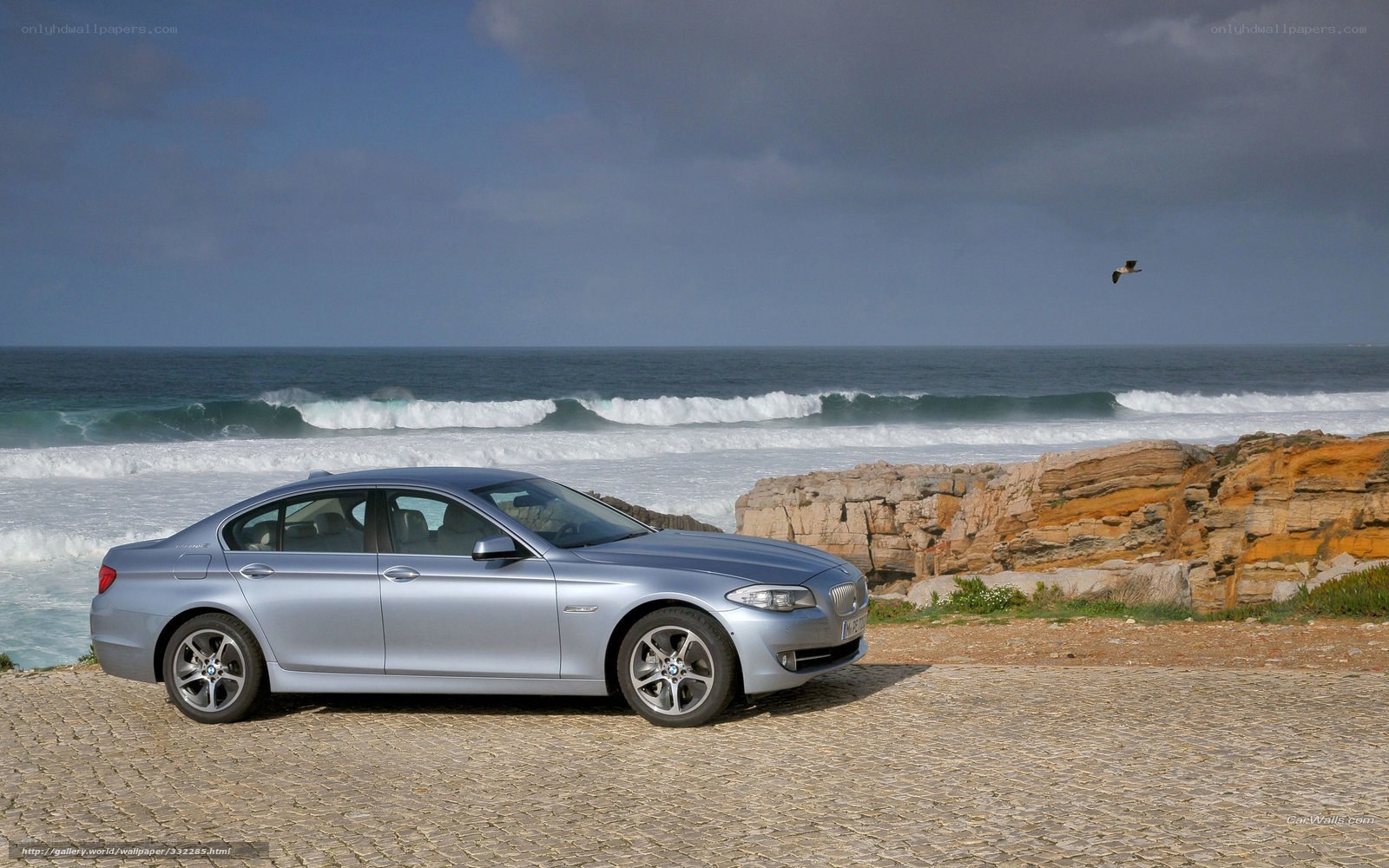 Silver BMW by the ocean