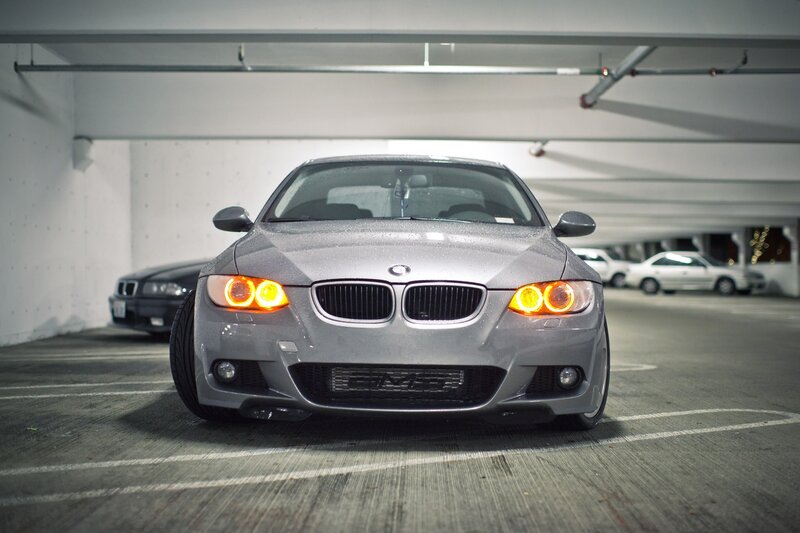 Silver Bmw Car — Gray, Dramatic, Night, Photograph, Parking Garage, Headlights