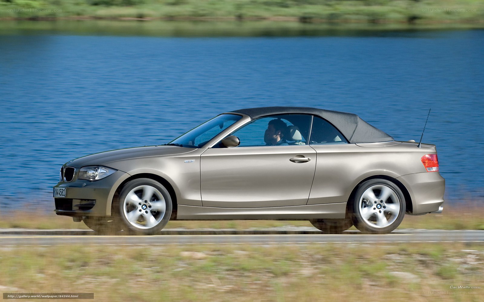 silver bmw convertible by lake