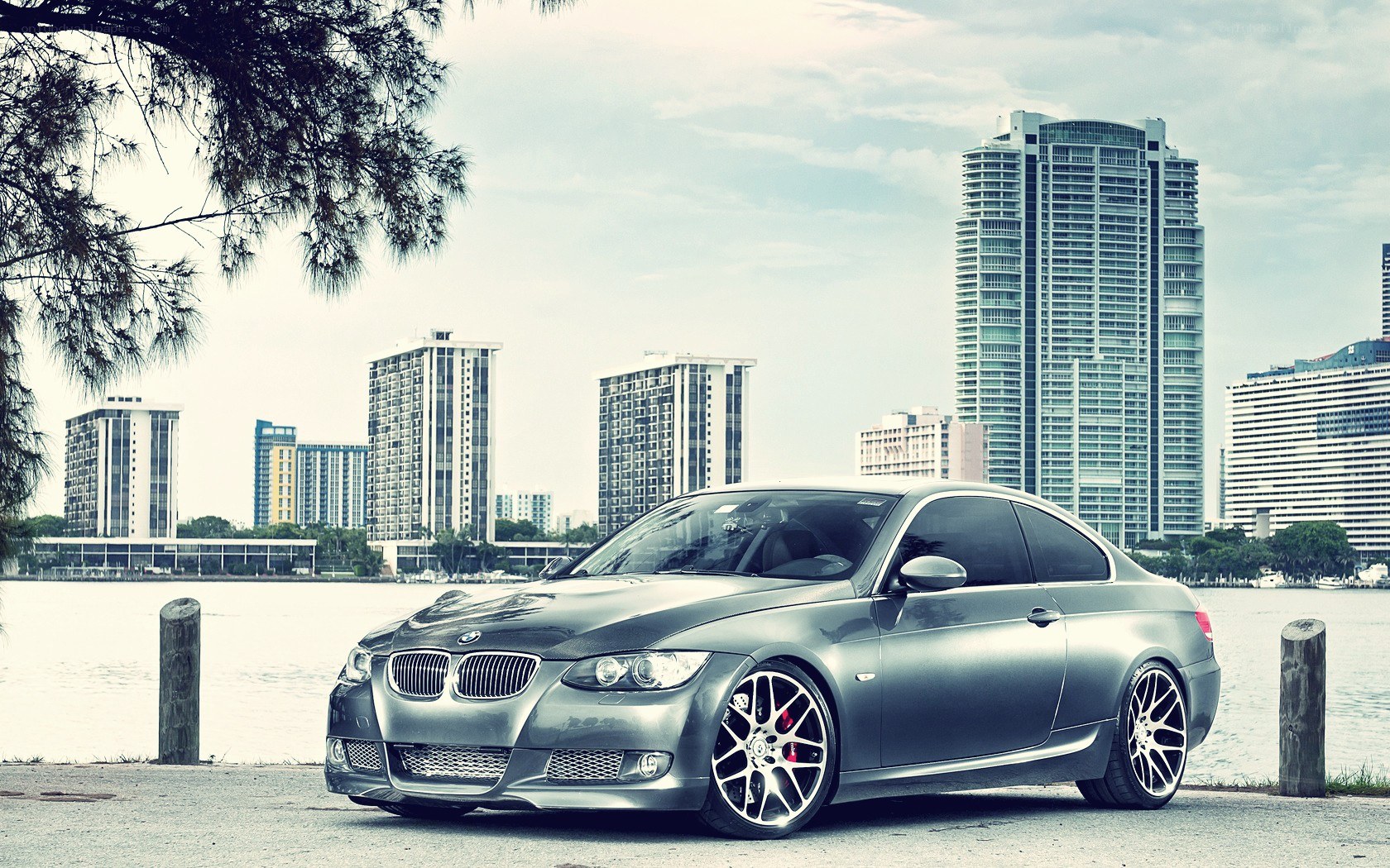 silver bmw coupe by the water
