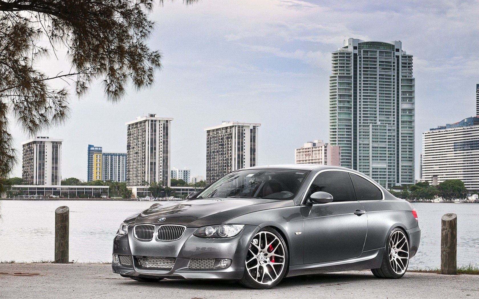 silver bmw coupe by waterfront