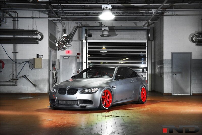Silver BMW M3 Coupe — Gray, Dramatic, Photograph, Red Wheels, Garage
