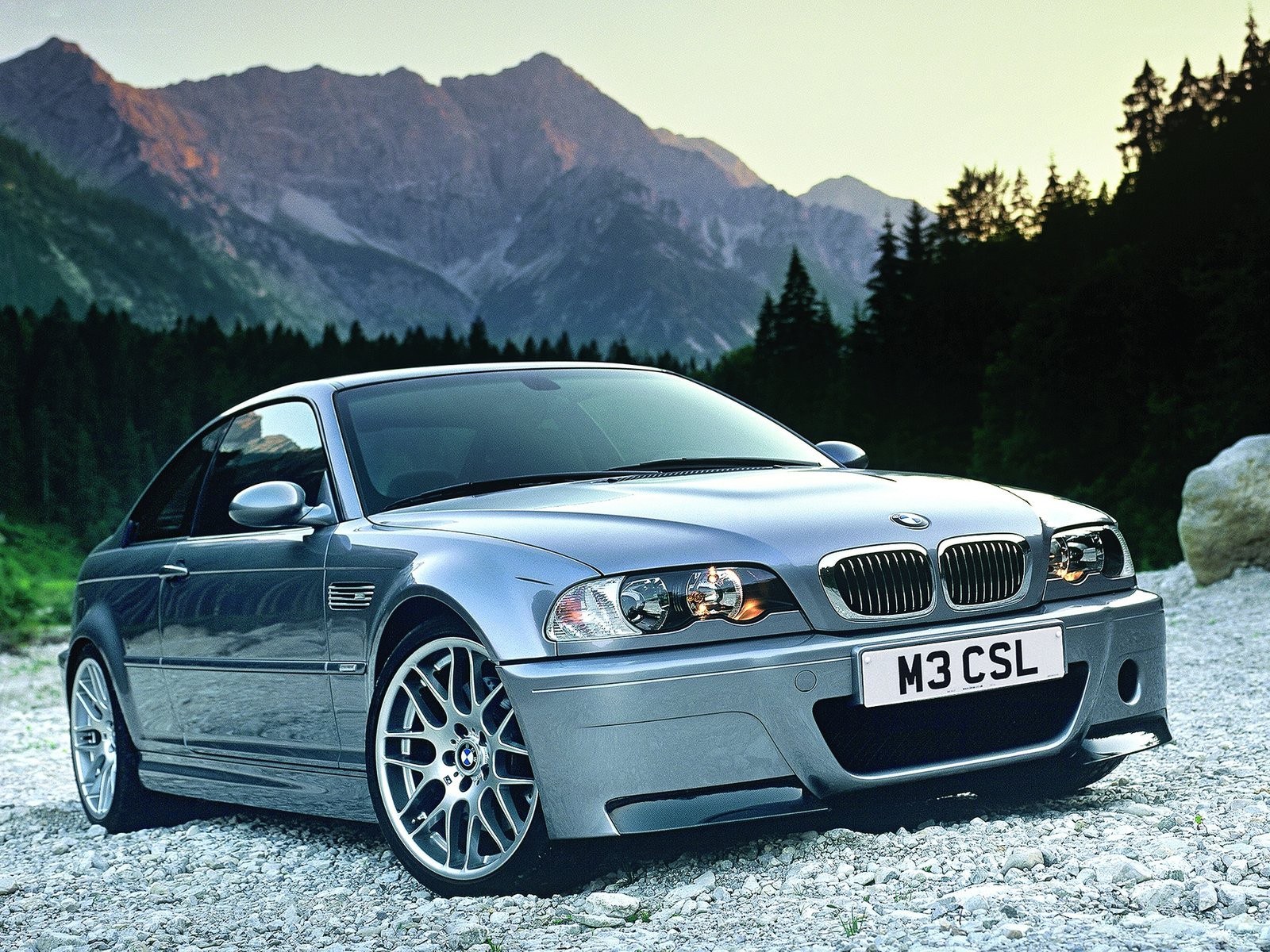 Silver BMW M3 CSL in mountains