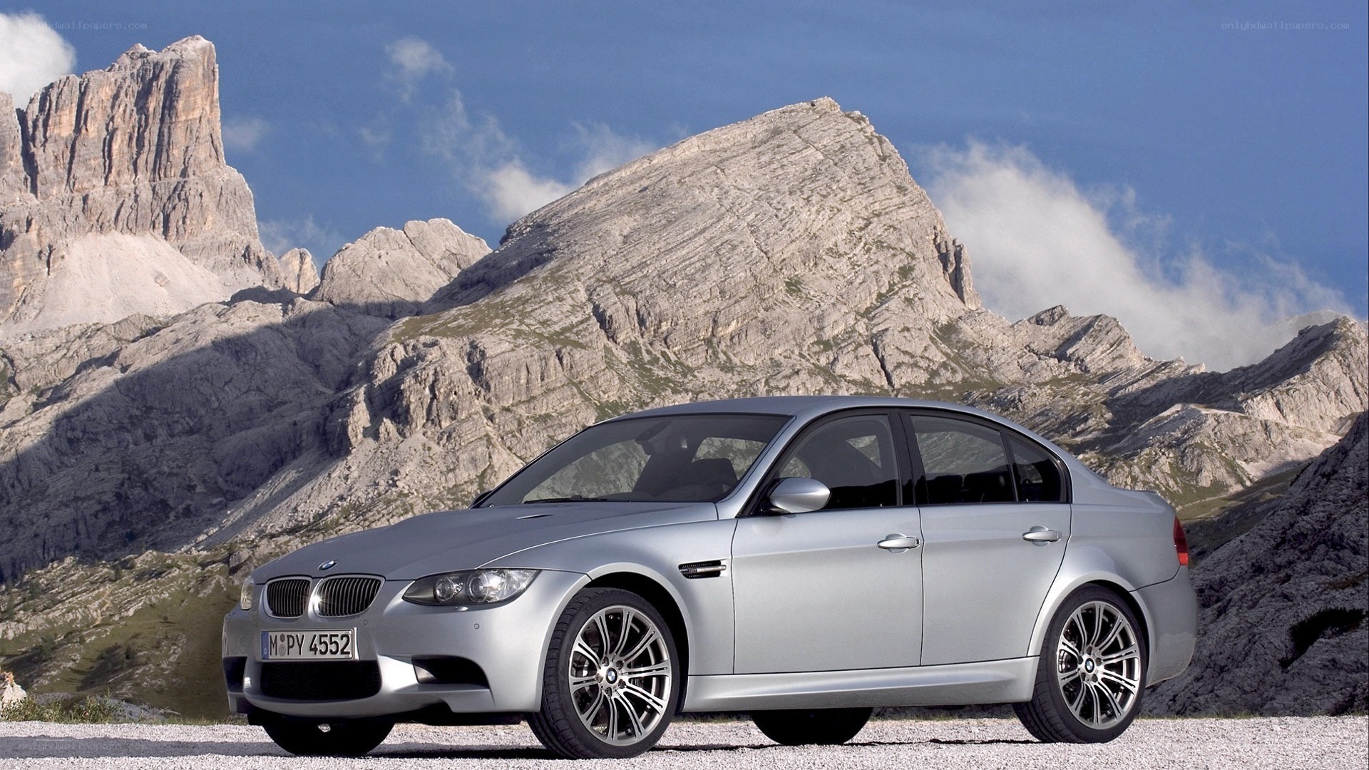 Silver BMW M3 in mountain setting