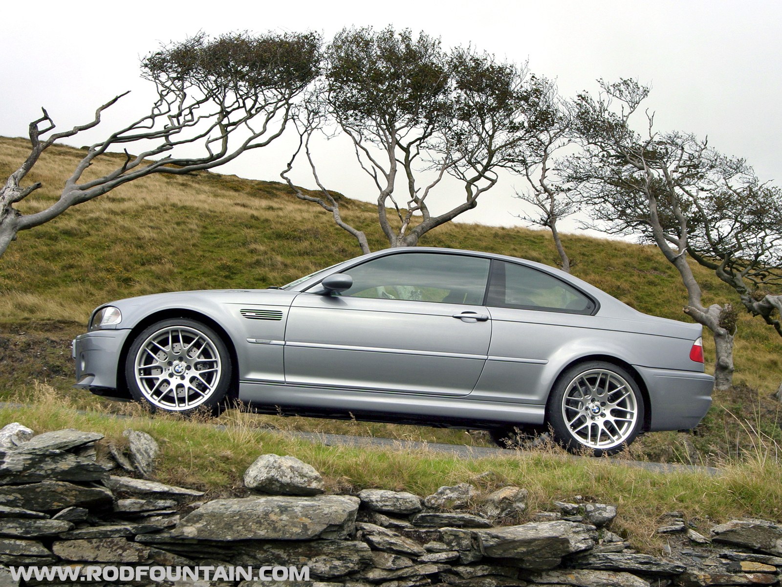 Silver BMW M3 on a hillside