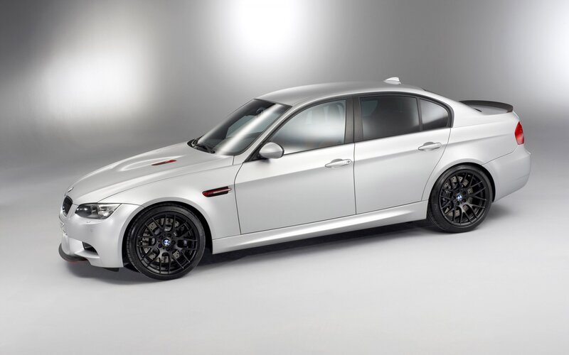 Silver BMW M3 Sedan — Neutral, Photograph, Black Wheels, Spoiler, Hood Vents