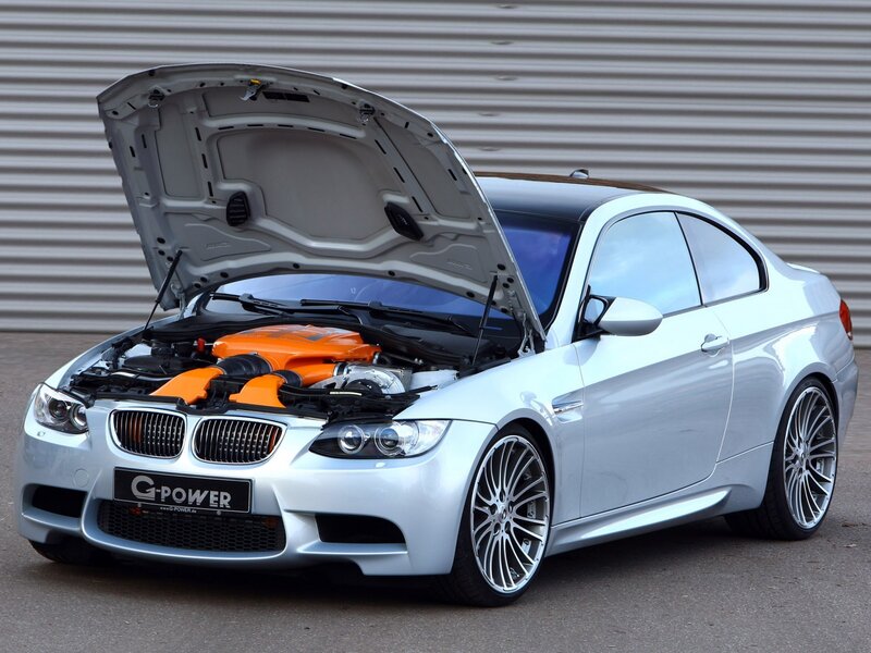 Silver BMW M3 with open hood