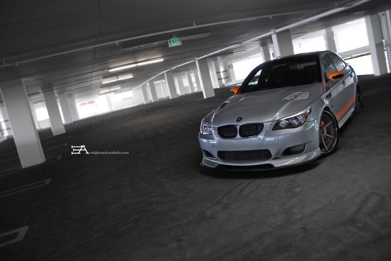 Silver BMW M5 Car — Dramatic, Photograph, Parking Garage