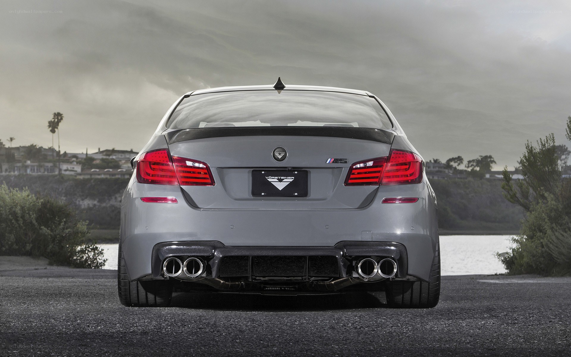 silver bmw m5 rear view