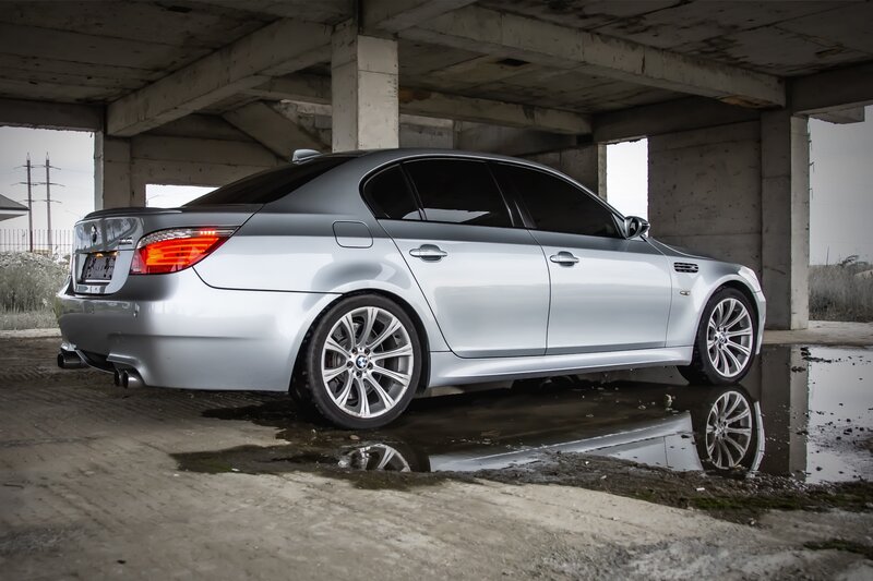 Silver BMW M5 Sedan — Dramatic, Photograph, Concrete Structure