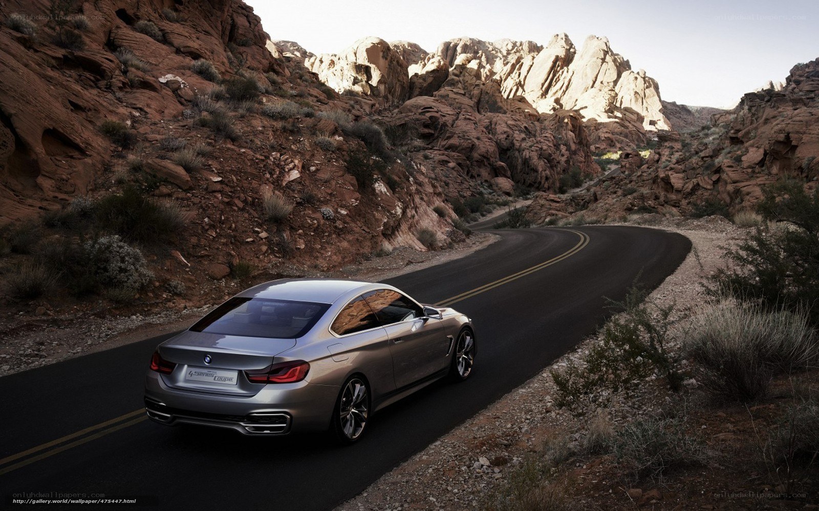 Silver BMW on desert road