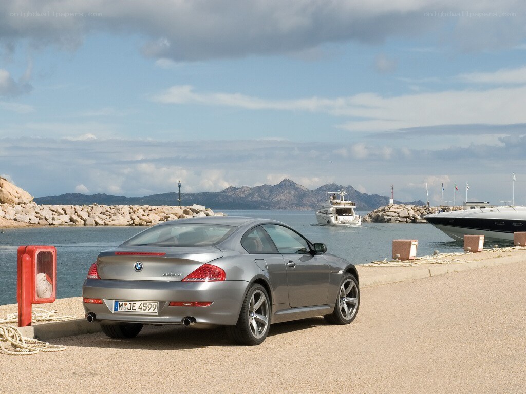 Silver BMW parked by the harbor