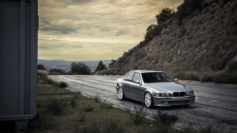 Silver BMW Sedan — Gray, Dramatic, Sunset, Photograph, Car, Road