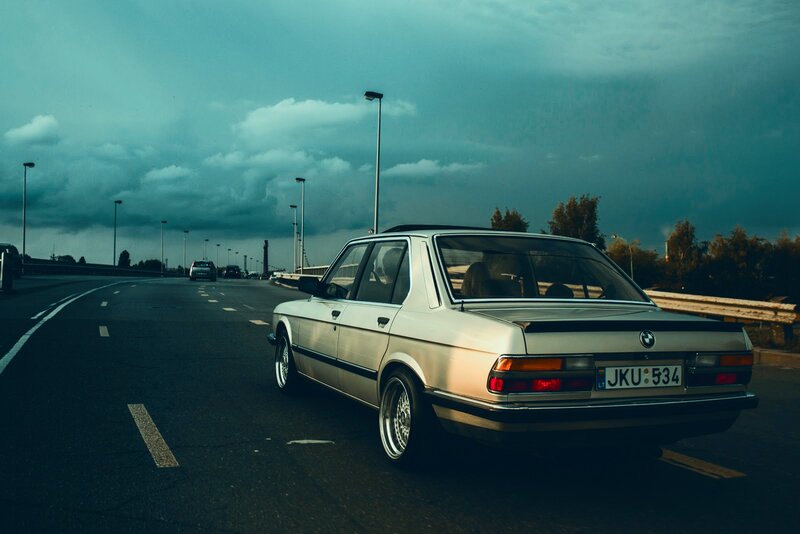 Silver BMW Sedan — Gray, Dramatic, Sunset