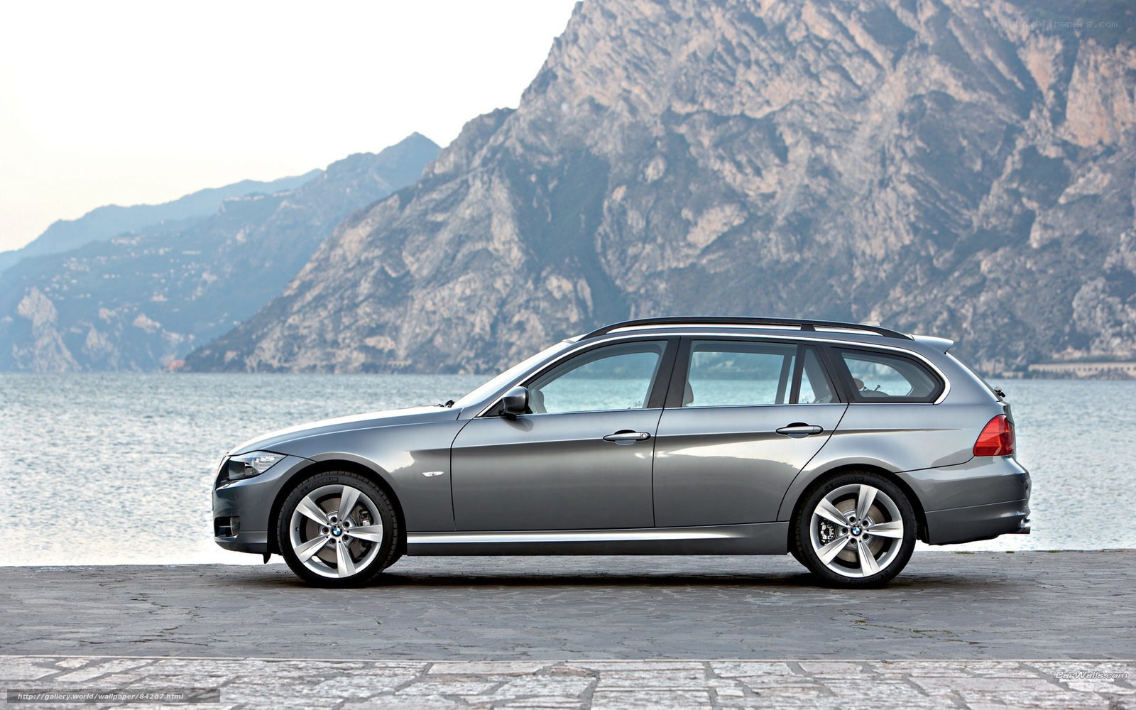 silver bmw station wagon by lake