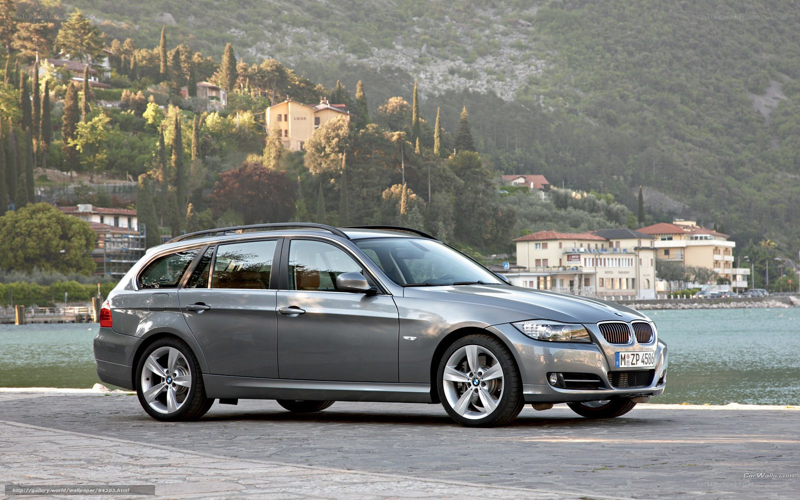 silver bmw station wagon by lake