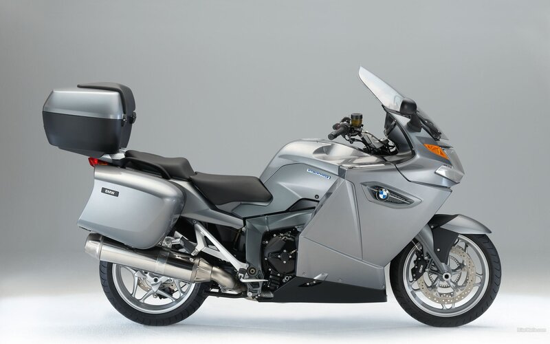 silver BMW touring motorcycle