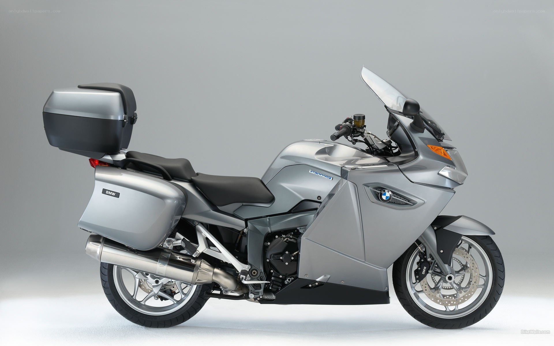 silver BMW touring motorcycle