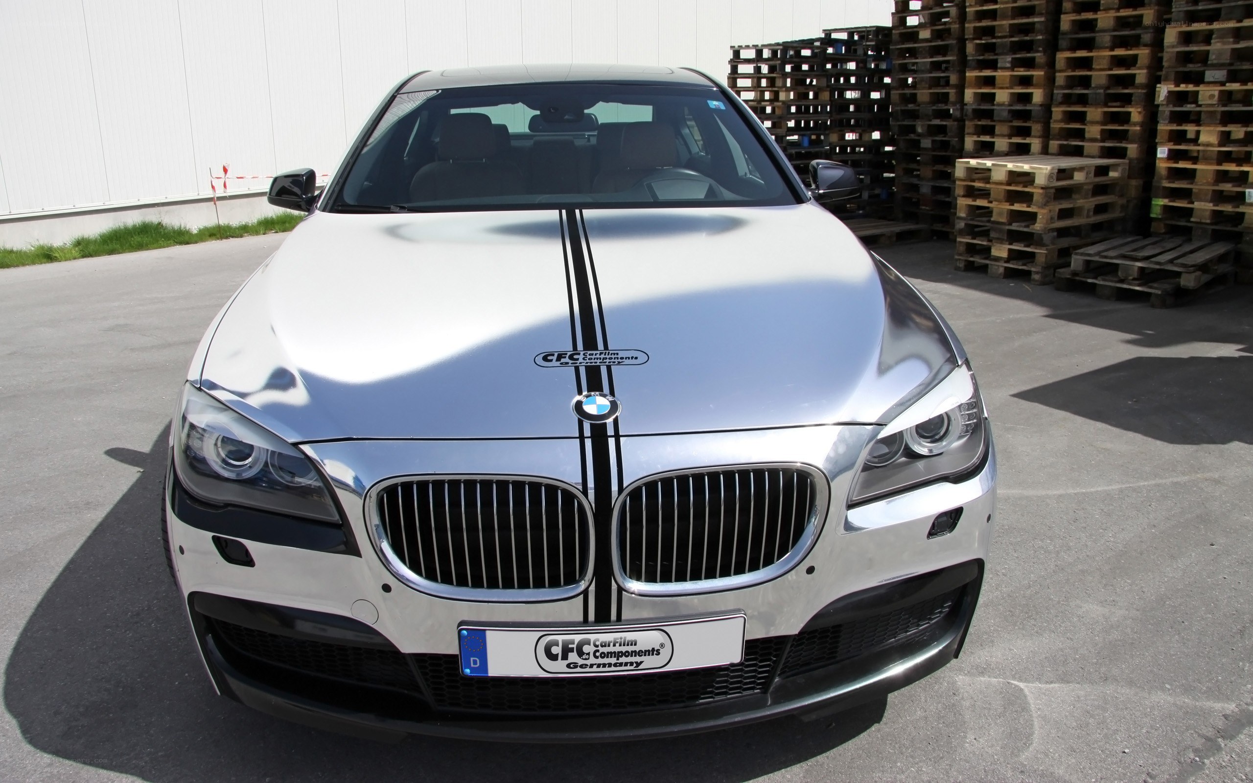 silver bmw with racing stripes
