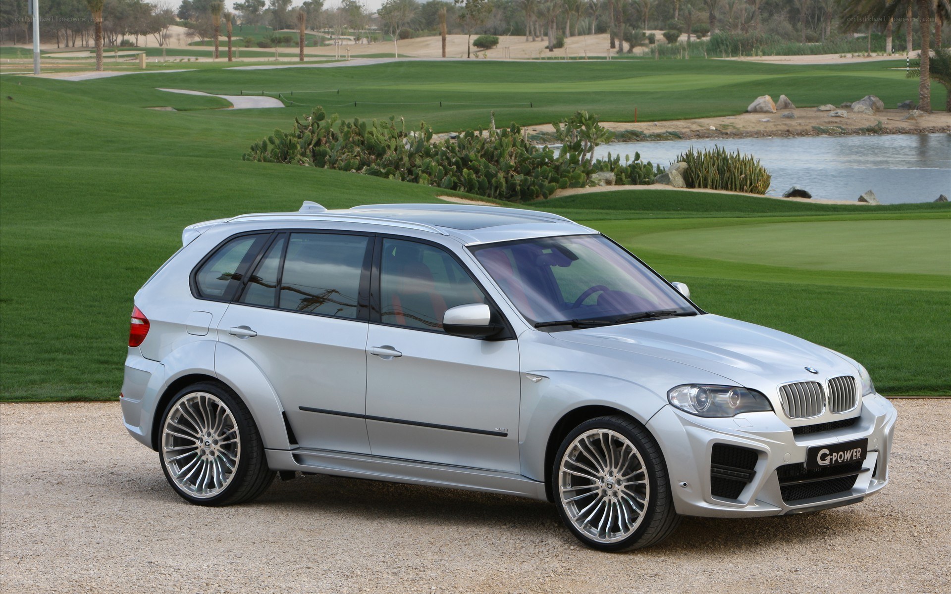 Silver BMW X5 on a golf course