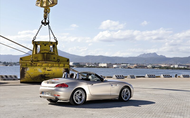 Silver BMW Z4 at a port