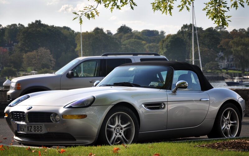 Silver BMW Z8 by the water