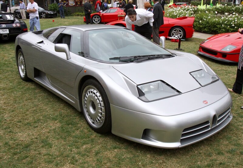 Silver Bugatti EB110 on display