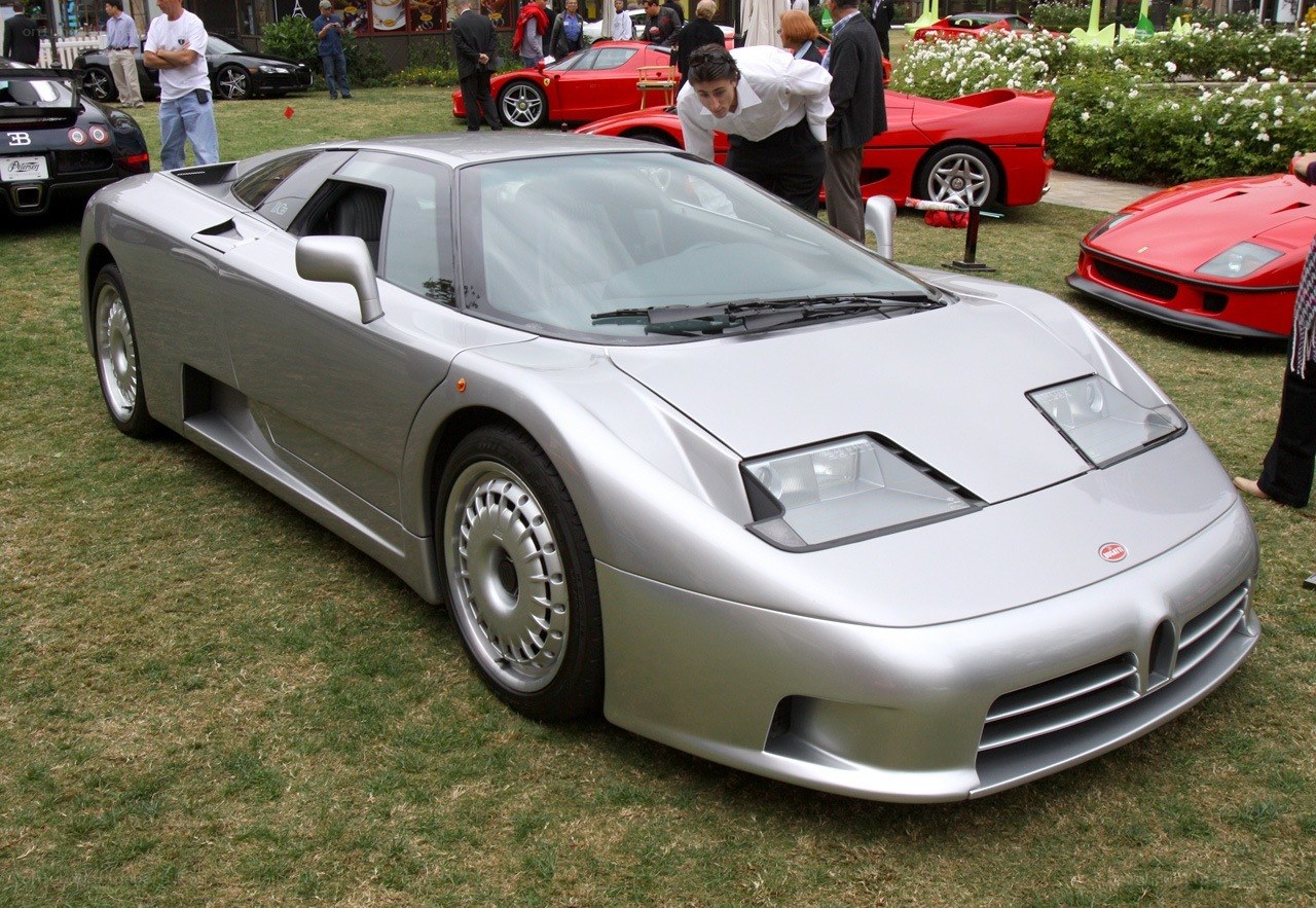 Silver Bugatti EB110 on display