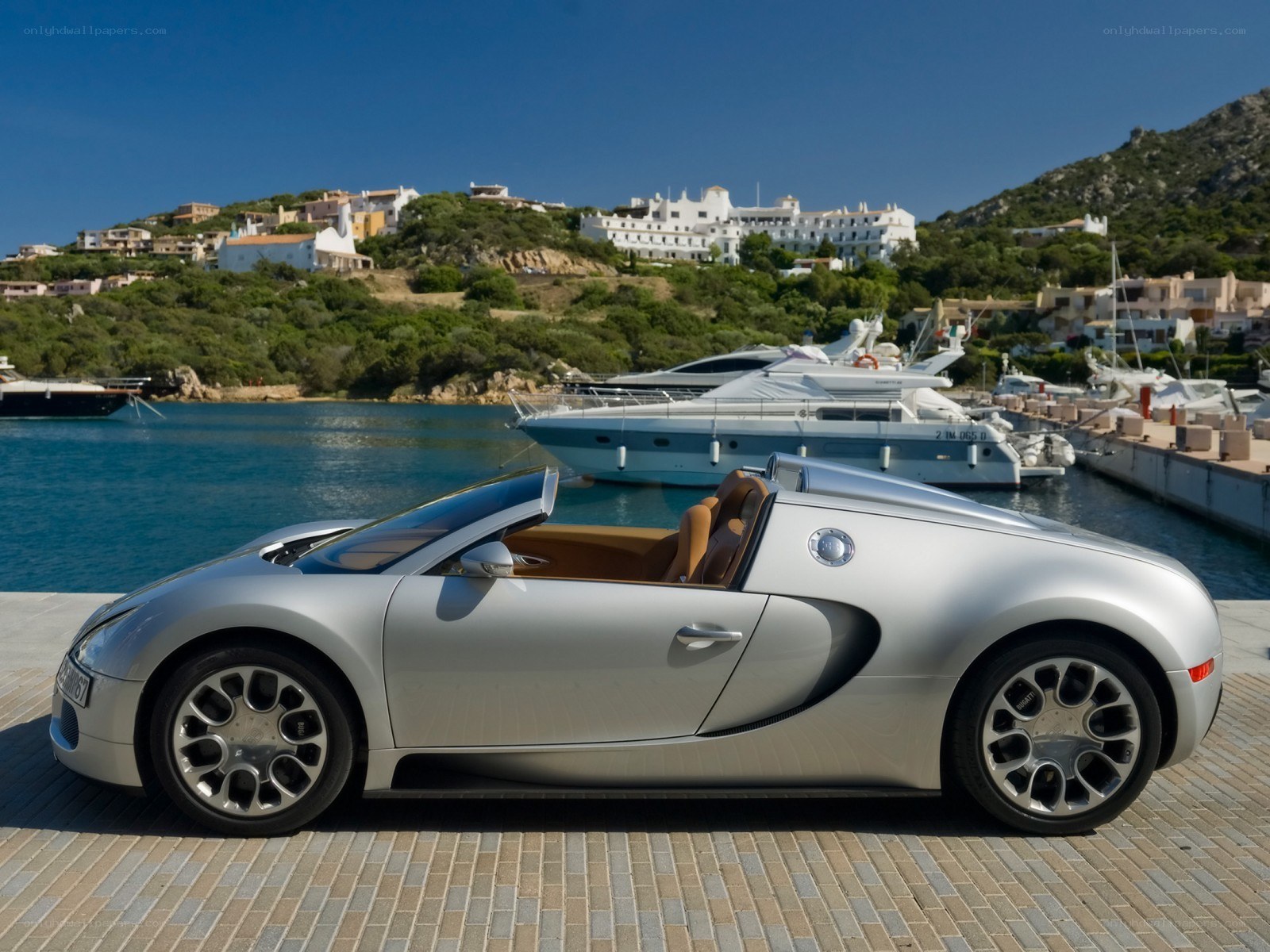 Silver Bugatti Veyron at a marina