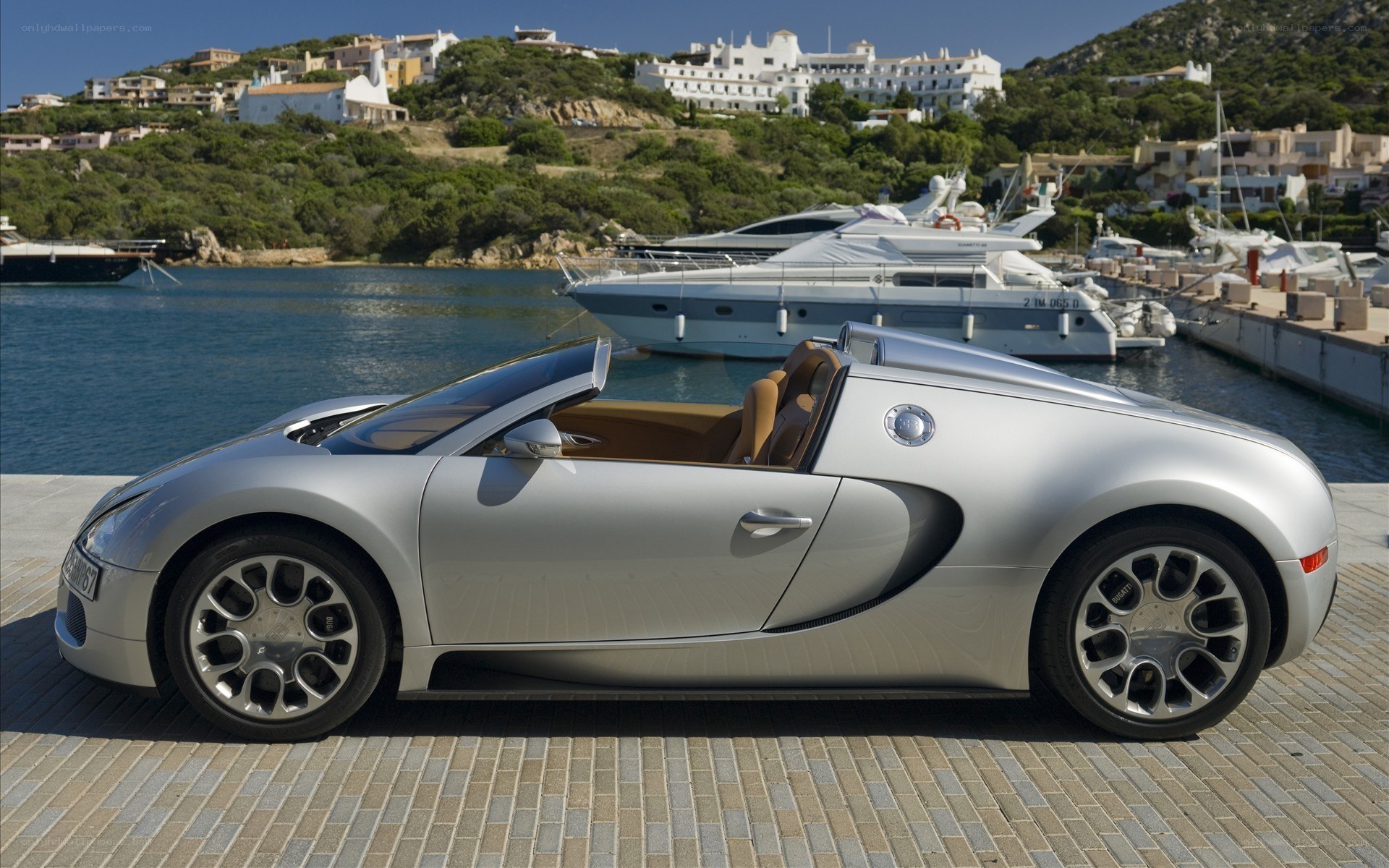 Silver Bugatti Veyron by the marina
