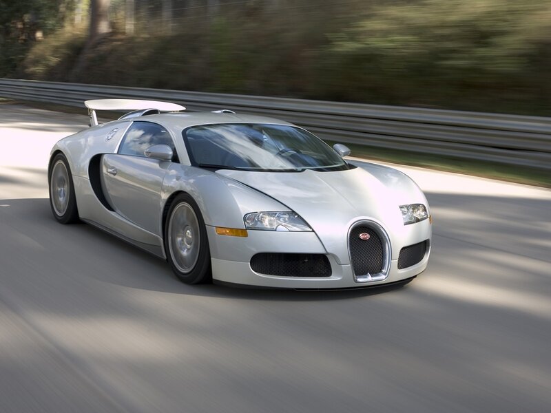 Silver Bugatti Veyron — Dynamic, Afternoon, Photograph, Car, Road, Trees, Gray