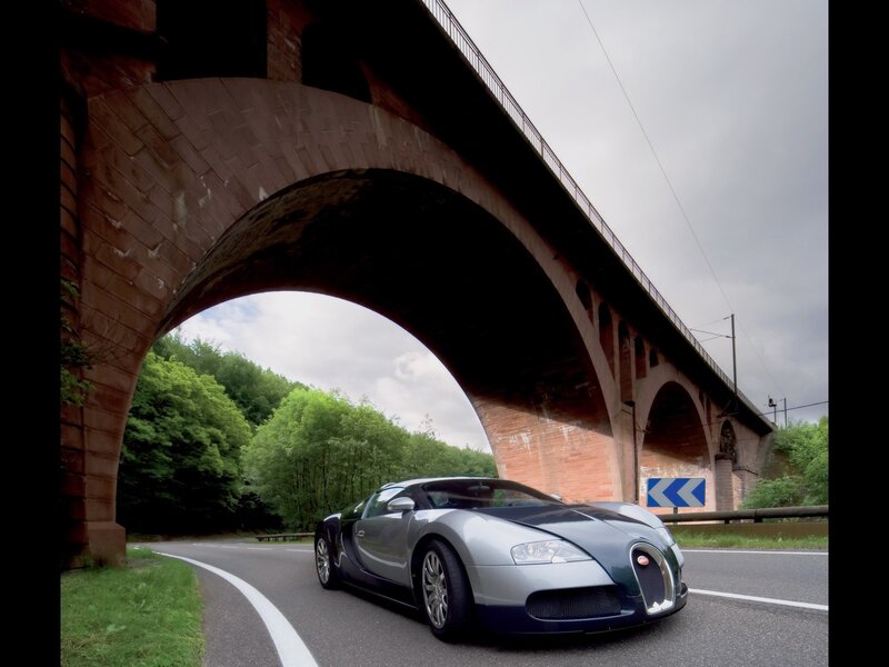 Silver Bugatti Veyron — Gray, Dramatic, Afternoon, Photograph, Bridge, Road