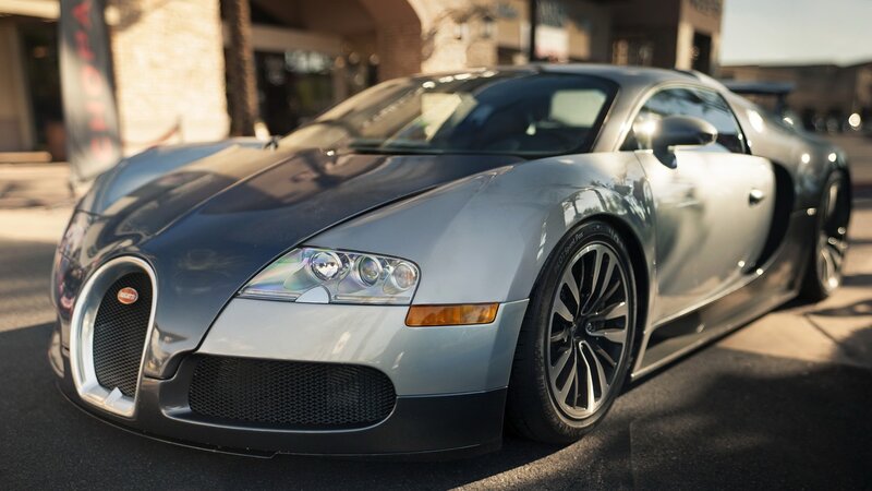 Silver Bugatti Veyron — Gray, Dramatic, Afternoon, Photograph, Car, Building