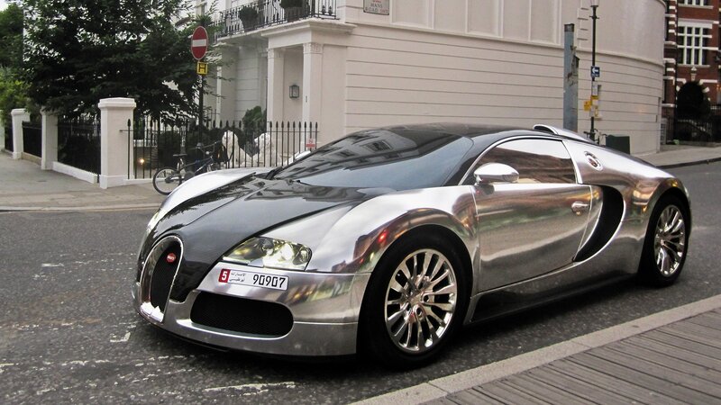 Silver Bugatti Veyron on city street