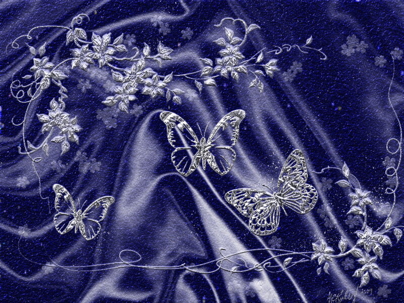 Silver butterflies on blue fabric