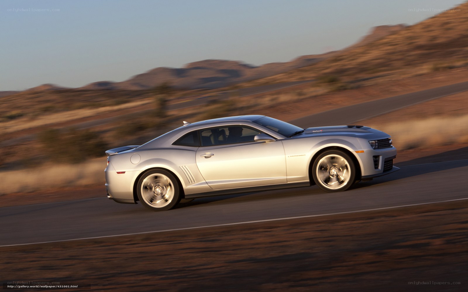 Silver Camaro on desert road