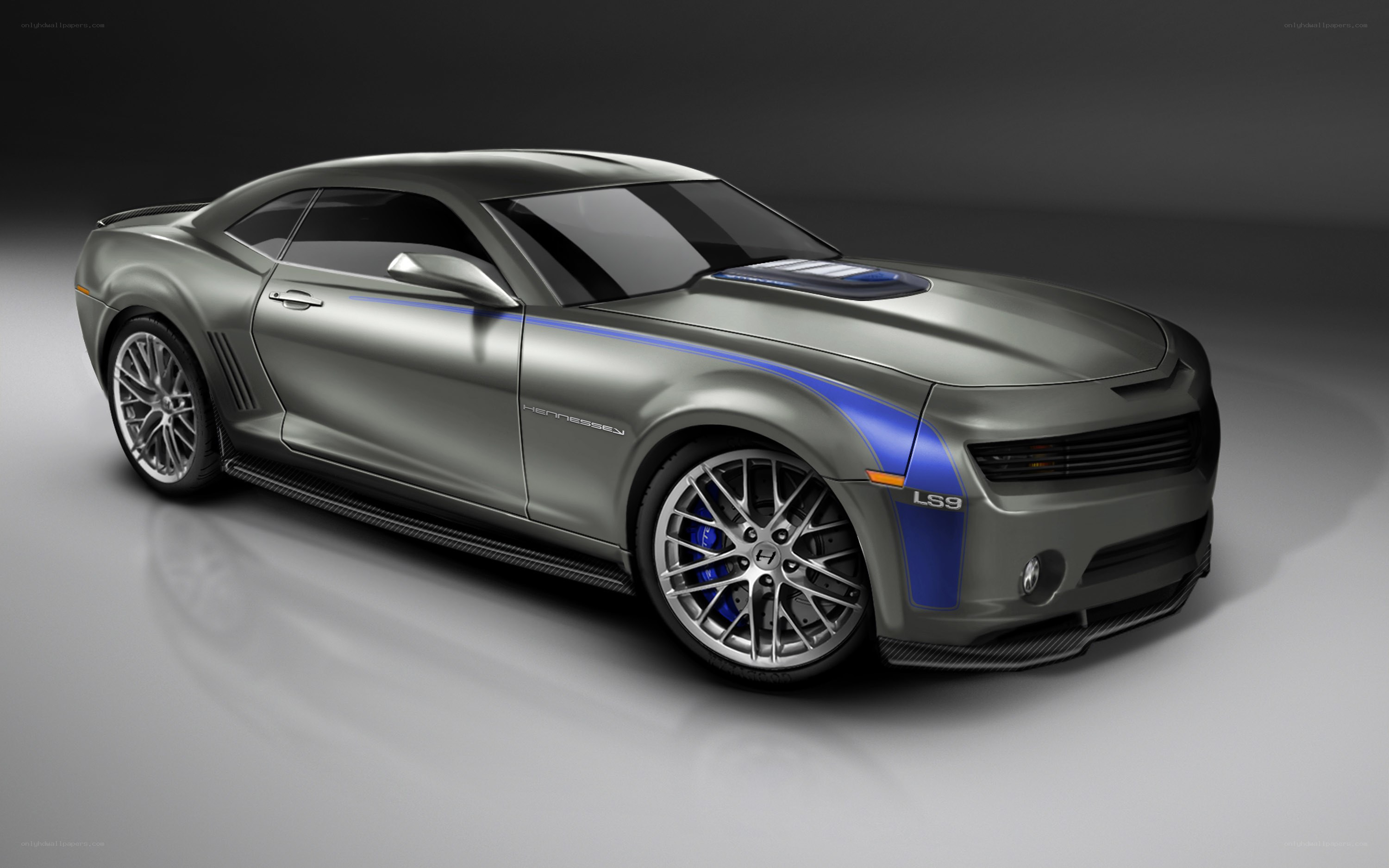 silver camaro with blue stripes