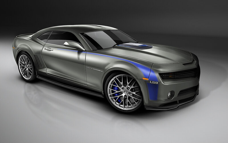 silver camaro with blue stripes