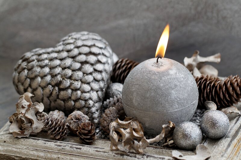 Silver Candle with Pinecones